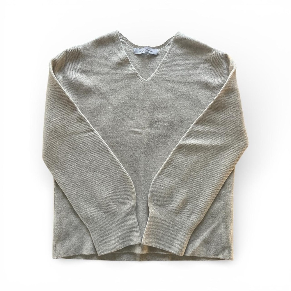 MOE Moment Of Experience Beige V Neck Wool Blend Cable‎ Knit Basic Sweater S
